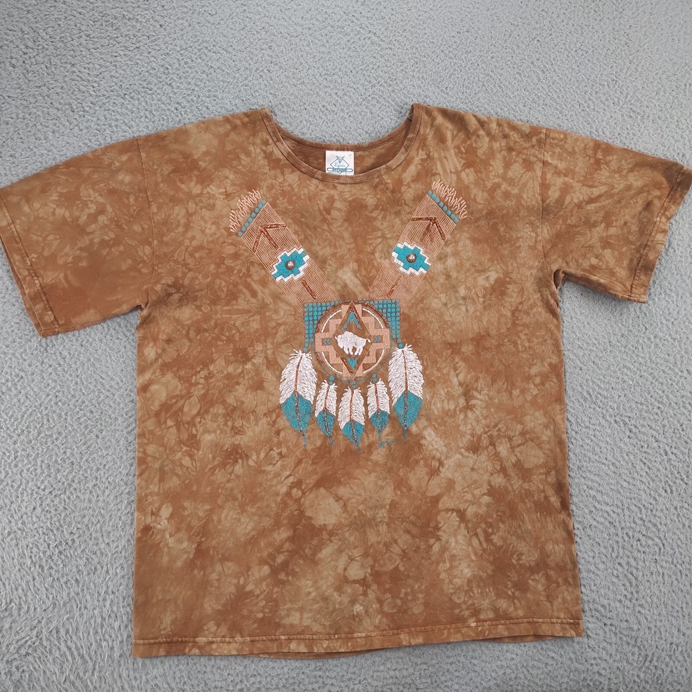 VTG Lynne Apparel T Shirt Womens L Brown Tie Dye Buffalo Aztec Southwest Glitter